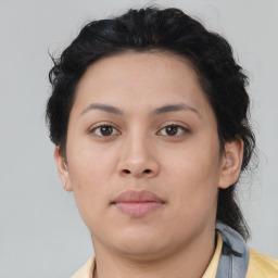 Neutral asian young-adult female with short  brown hair and brown eyes