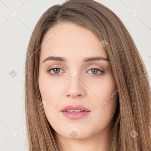 Neutral white young-adult female with long  brown hair and brown eyes