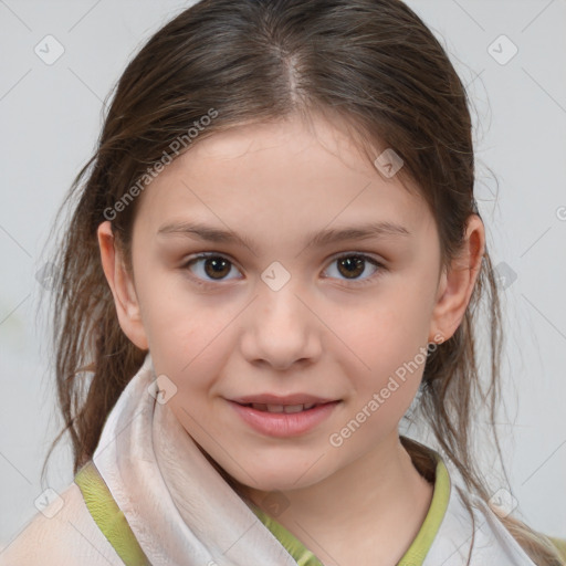 Joyful white child female with medium  brown hair and brown eyes