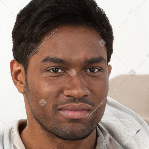 Joyful black young-adult male with short  brown hair and brown eyes