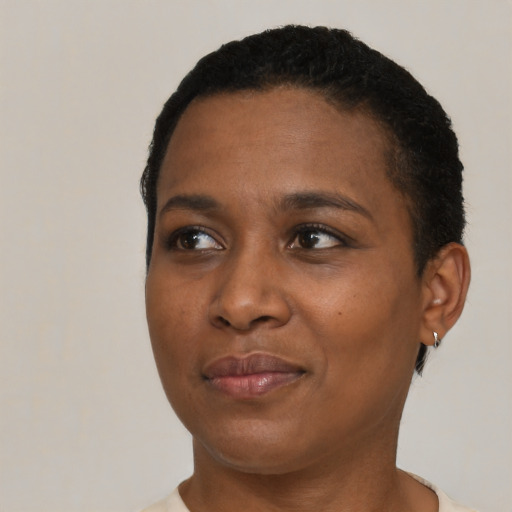 Joyful black young-adult female with short  black hair and brown eyes