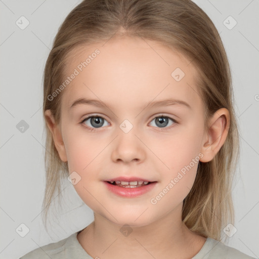 Joyful white child female with medium  brown hair and brown eyes