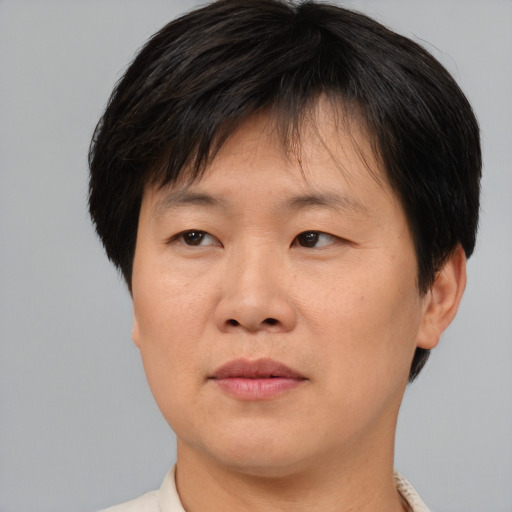 Joyful asian adult male with short  brown hair and brown eyes