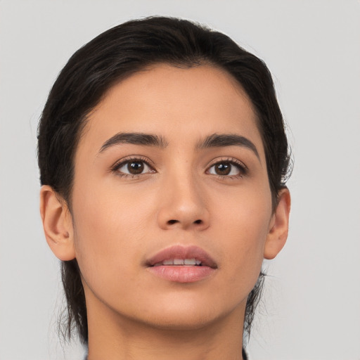 Neutral asian young-adult female with medium  black hair and brown eyes