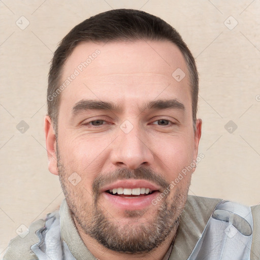 Joyful white adult male with short  brown hair and brown eyes