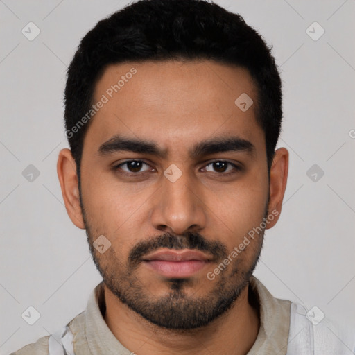 Neutral latino young-adult male with short  black hair and brown eyes