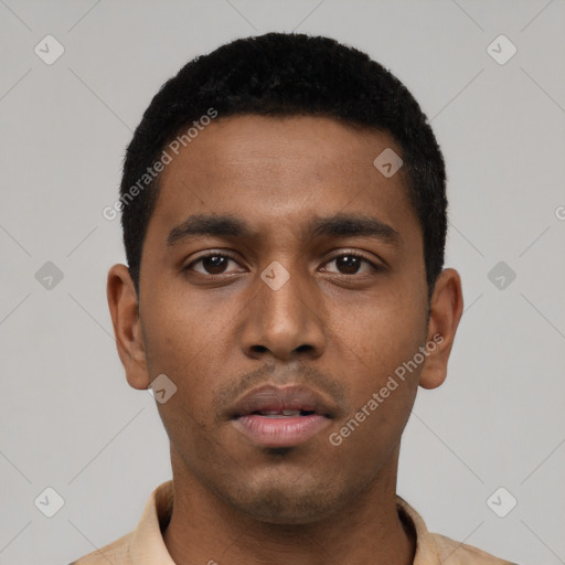 Neutral black young-adult male with short  black hair and brown eyes