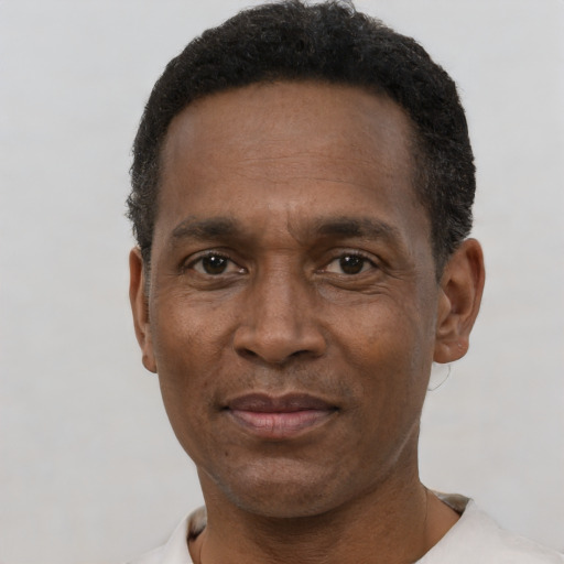 Neutral black adult male with short  black hair and brown eyes