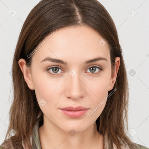 Neutral white young-adult female with long  brown hair and brown eyes