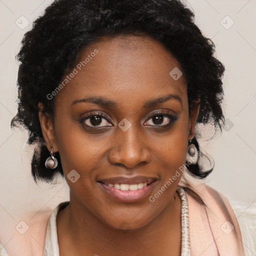 Joyful black young-adult female with long  brown hair and brown eyes