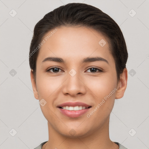 Joyful white young-adult female with short  brown hair and brown eyes