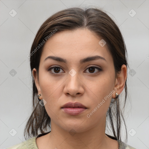 Neutral white young-adult female with medium  brown hair and brown eyes