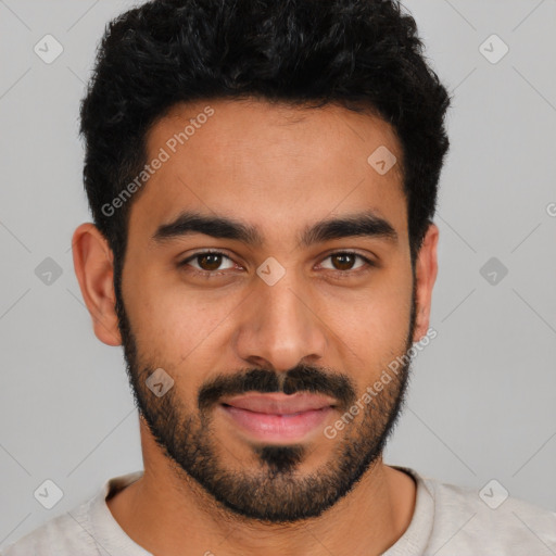 Joyful latino young-adult male with short  black hair and brown eyes