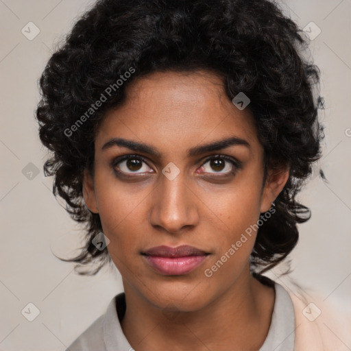 Neutral black young-adult female with medium  brown hair and brown eyes