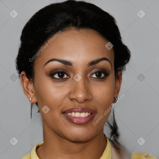 Joyful latino young-adult female with short  brown hair and brown eyes