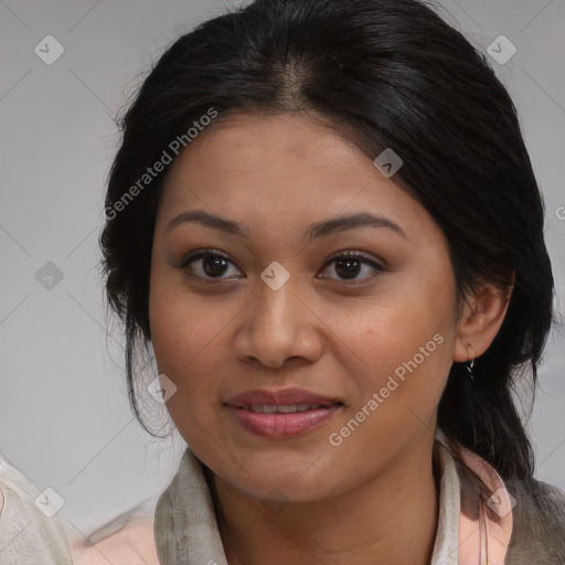 Joyful white young-adult female with medium  brown hair and brown eyes