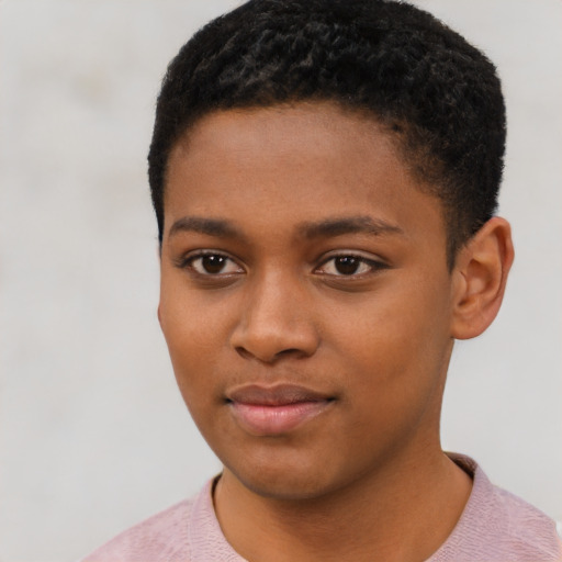 Joyful black child female with short  black hair and brown eyes