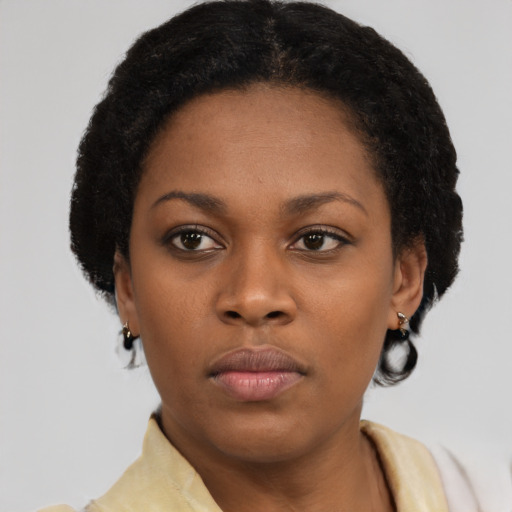 Neutral black young-adult female with short  brown hair and brown eyes
