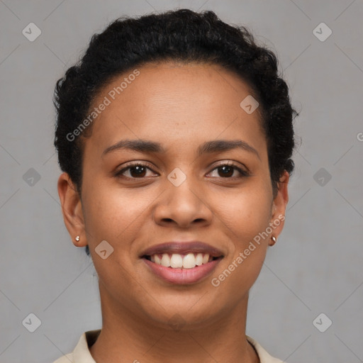 Joyful latino young-adult female with short  brown hair and brown eyes