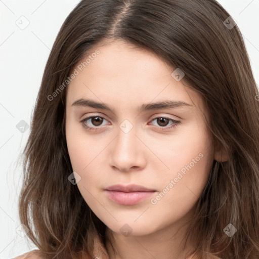 Neutral white young-adult female with long  brown hair and brown eyes