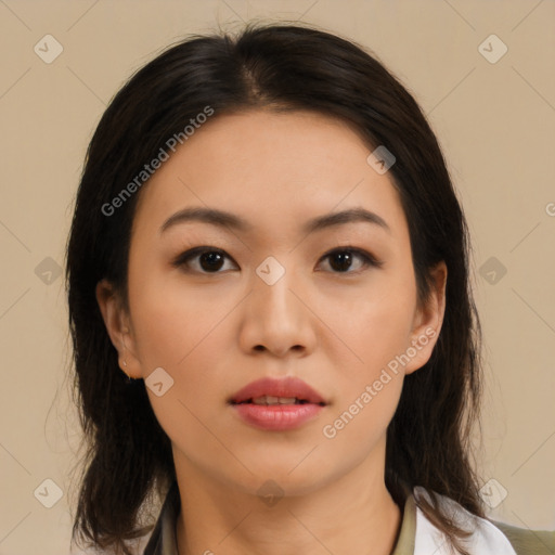 Neutral asian young-adult female with medium  brown hair and brown eyes