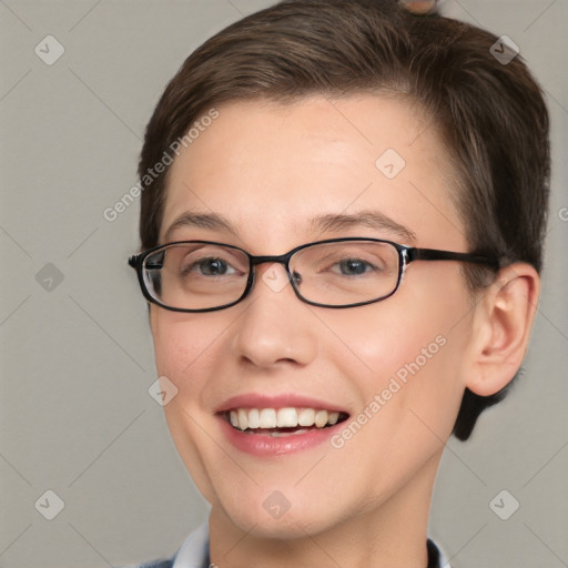 Joyful white adult female with short  brown hair and brown eyes