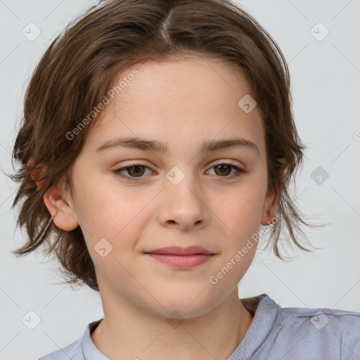 Joyful white child female with medium  brown hair and brown eyes