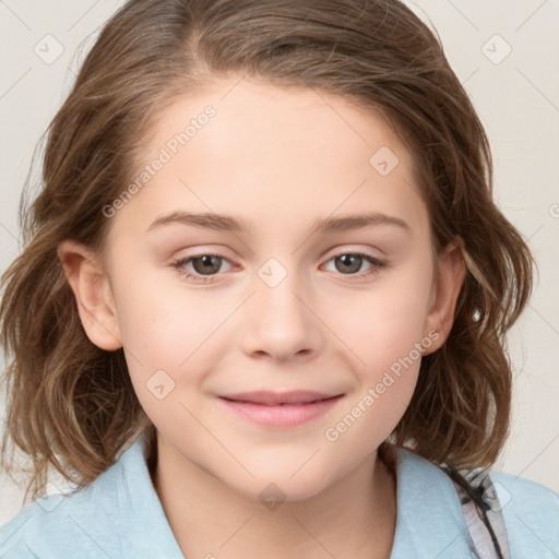 Joyful white child female with medium  brown hair and brown eyes