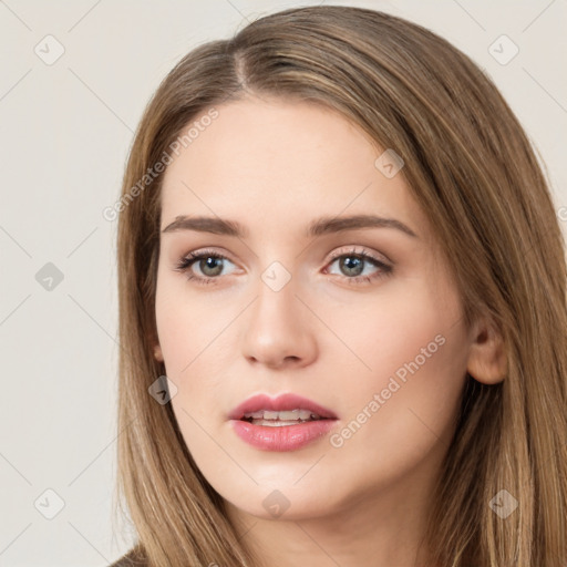 Neutral white young-adult female with long  brown hair and brown eyes