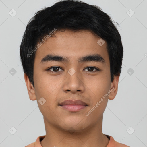 Neutral latino young-adult male with short  black hair and brown eyes