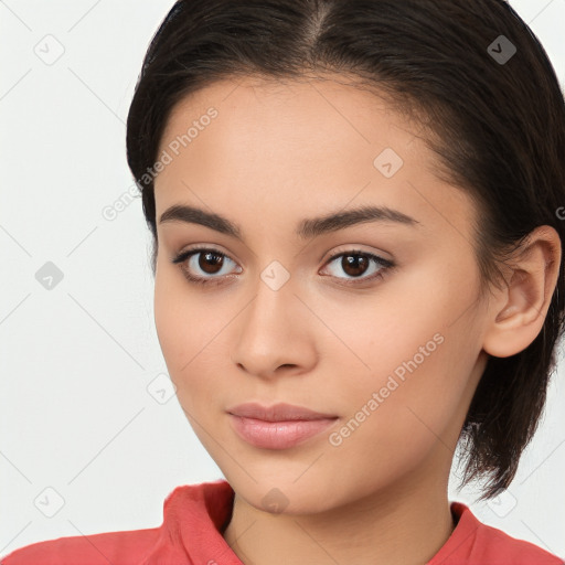 Neutral white young-adult female with medium  brown hair and brown eyes