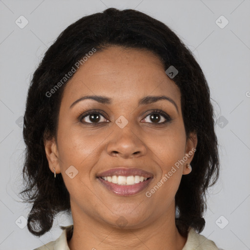 Joyful black young-adult female with medium  brown hair and brown eyes