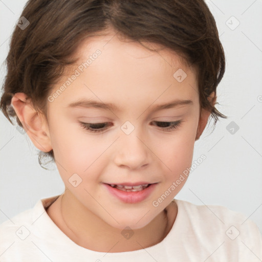 Joyful white child female with short  brown hair and brown eyes