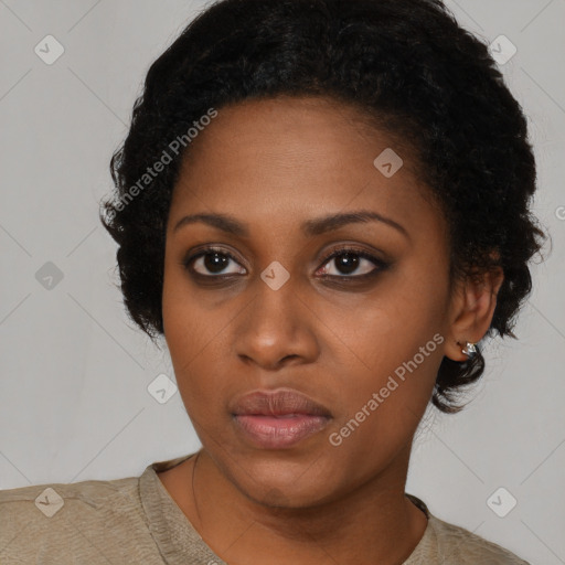 Neutral black young-adult female with short  black hair and brown eyes