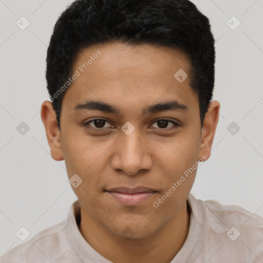 Joyful latino young-adult male with short  brown hair and brown eyes