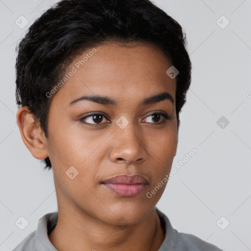 Neutral latino young-adult female with short  brown hair and brown eyes