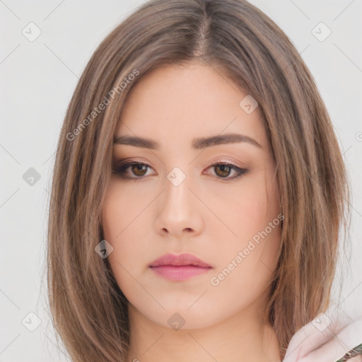 Neutral white young-adult female with long  brown hair and brown eyes