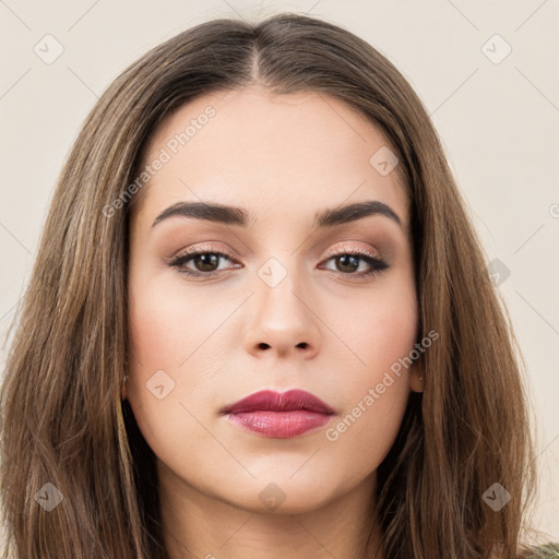 Neutral white young-adult female with long  brown hair and brown eyes