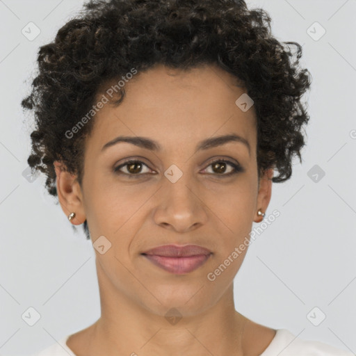 Joyful latino young-adult female with short  brown hair and brown eyes