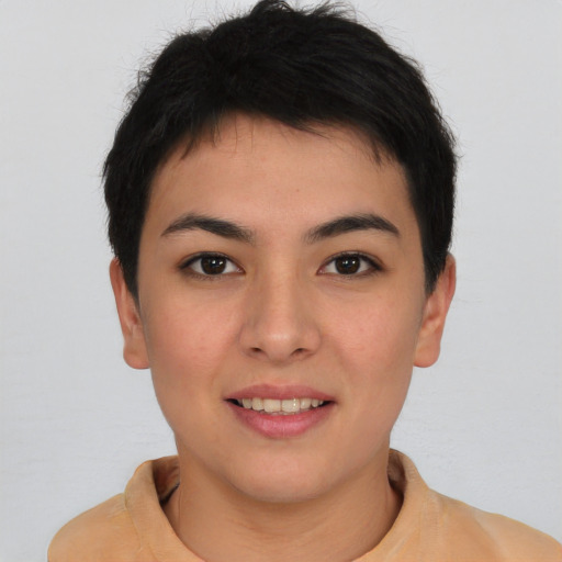 Joyful asian young-adult female with short  brown hair and brown eyes