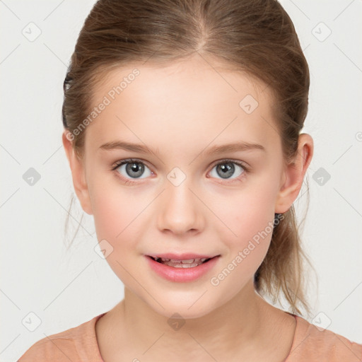 Joyful white child female with medium  brown hair and brown eyes