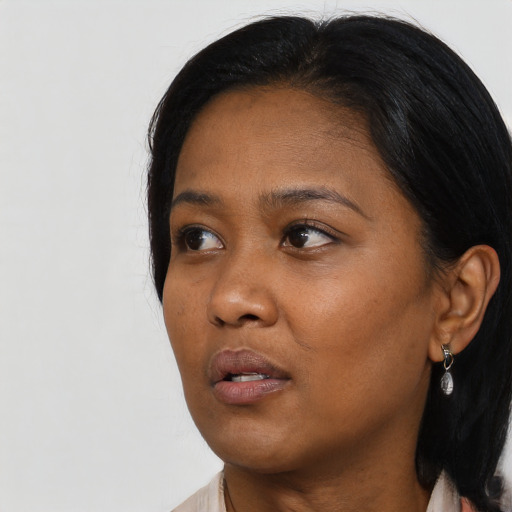 Neutral asian young-adult female with long  black hair and brown eyes