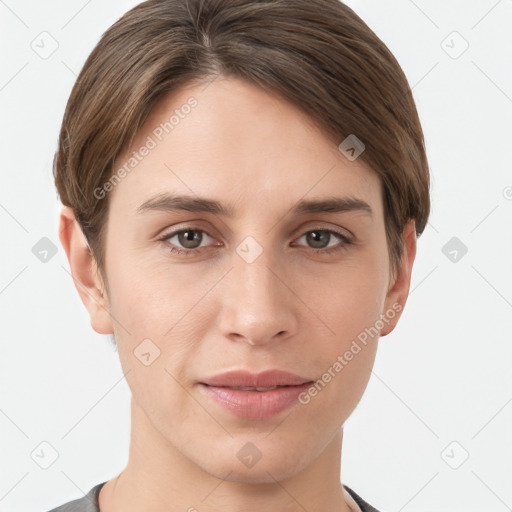 Joyful white young-adult female with short  brown hair and grey eyes