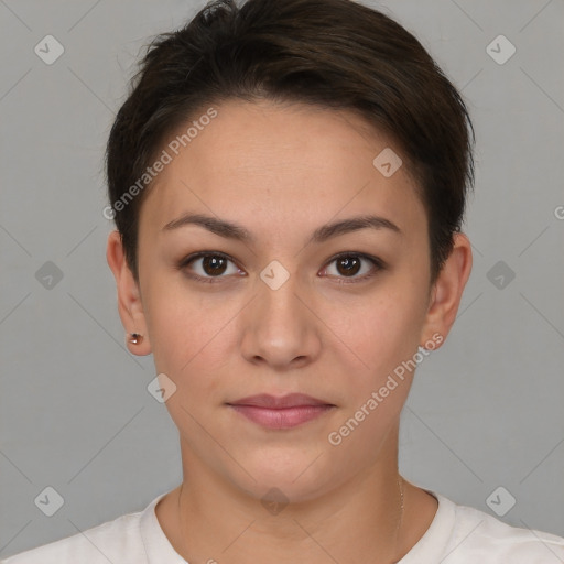 Neutral white young-adult female with short  brown hair and brown eyes