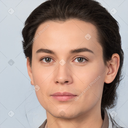 Joyful white young-adult female with medium  brown hair and brown eyes