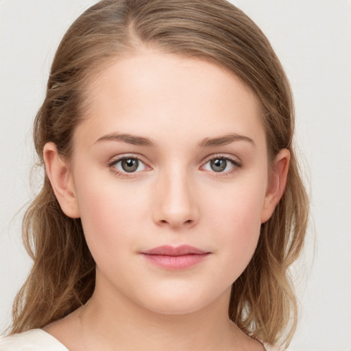 Neutral white young-adult female with medium  brown hair and blue eyes