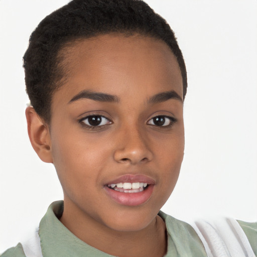 Joyful latino child female with short  brown hair and brown eyes