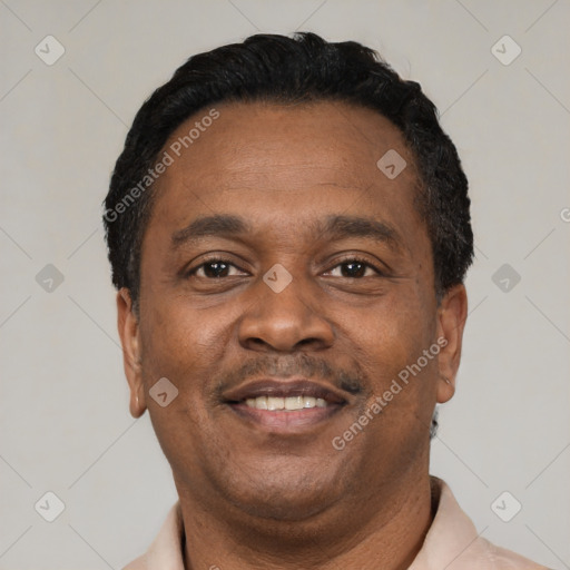 Joyful black adult male with short  black hair and brown eyes
