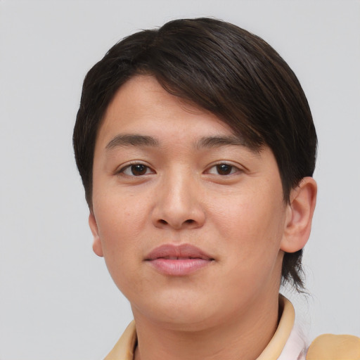 Neutral asian young-adult female with short  brown hair and brown eyes