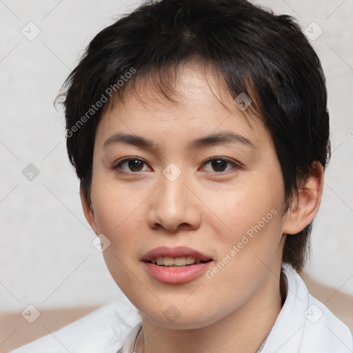 Joyful white young-adult female with medium  brown hair and brown eyes